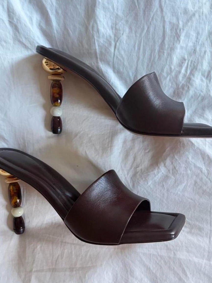 Cult Gaia Dark Brown Slide Heels With Gold And Cream Beaded Heel